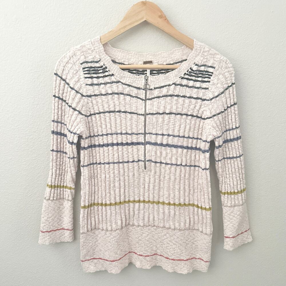 FREE PEOPLE | Rossi Striped Ribbed Knit Sweater Quarter-zip Neutral | Size Large - Picture 2 of 8